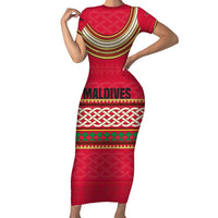 Maldives Tribal Heritage Red Short Sleeve Bodycon Dress with Cultural Geometric Pattern and Island Flag Print