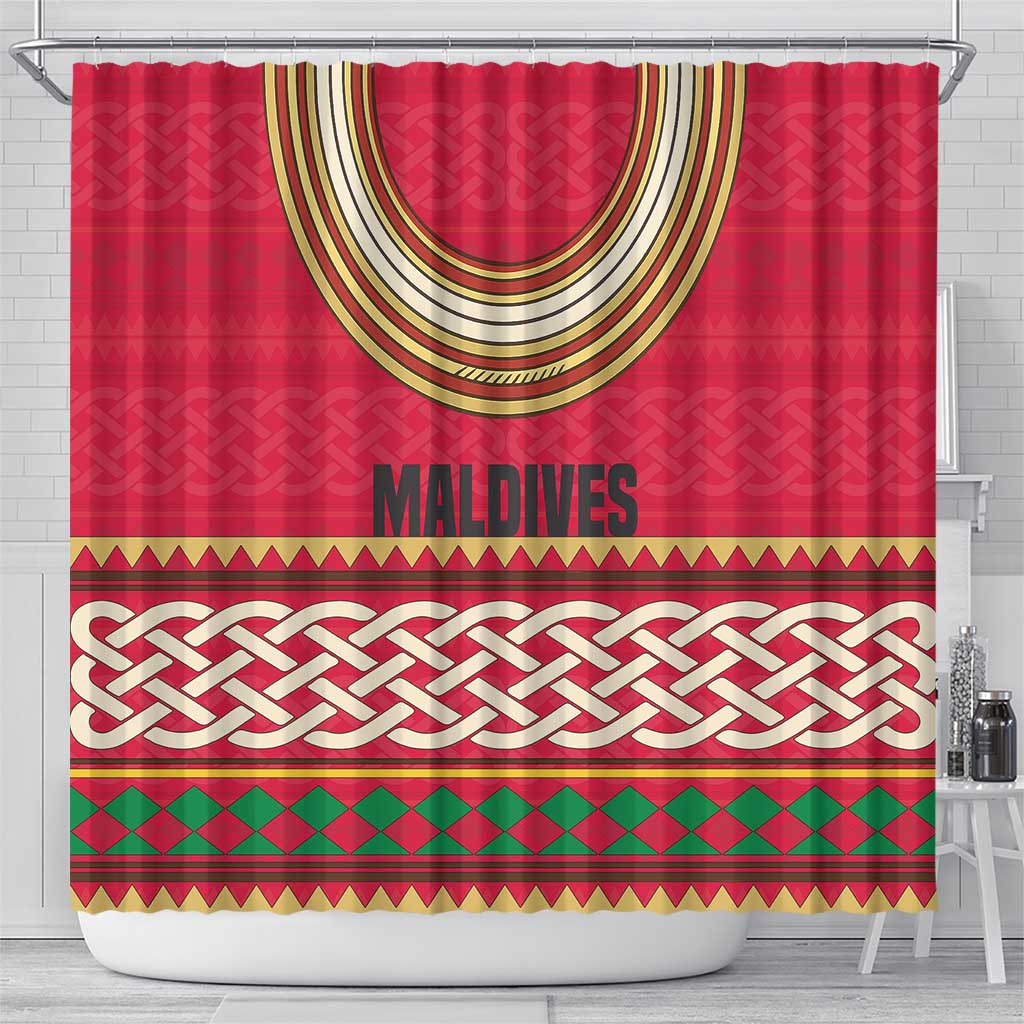 Maldives Tribal Heritage Red Shower Curtain with Cultural Geometric Pattern and Island Flag Print