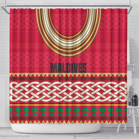 Maldives Tribal Heritage Red Shower Curtain with Cultural Geometric Pattern and Island Flag Print