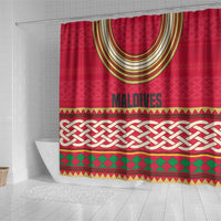Maldives Tribal Heritage Red Shower Curtain with Cultural Geometric Pattern and Island Flag Print