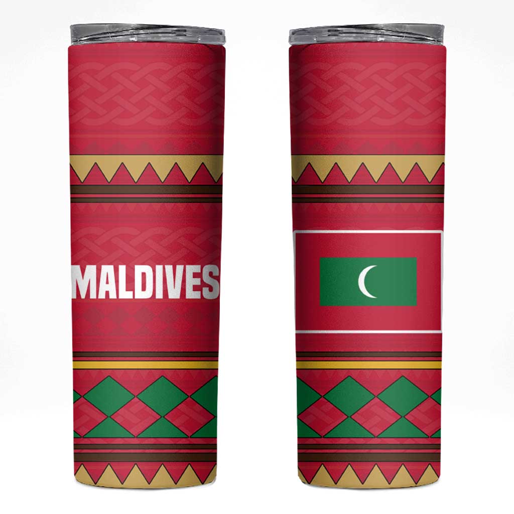 Maldives Tribal Heritage Red Skinny Tumbler with Cultural Geometric Pattern and Island Flag Print