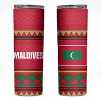 Maldives Tribal Heritage Red Skinny Tumbler with Cultural Geometric Pattern and Island Flag Print