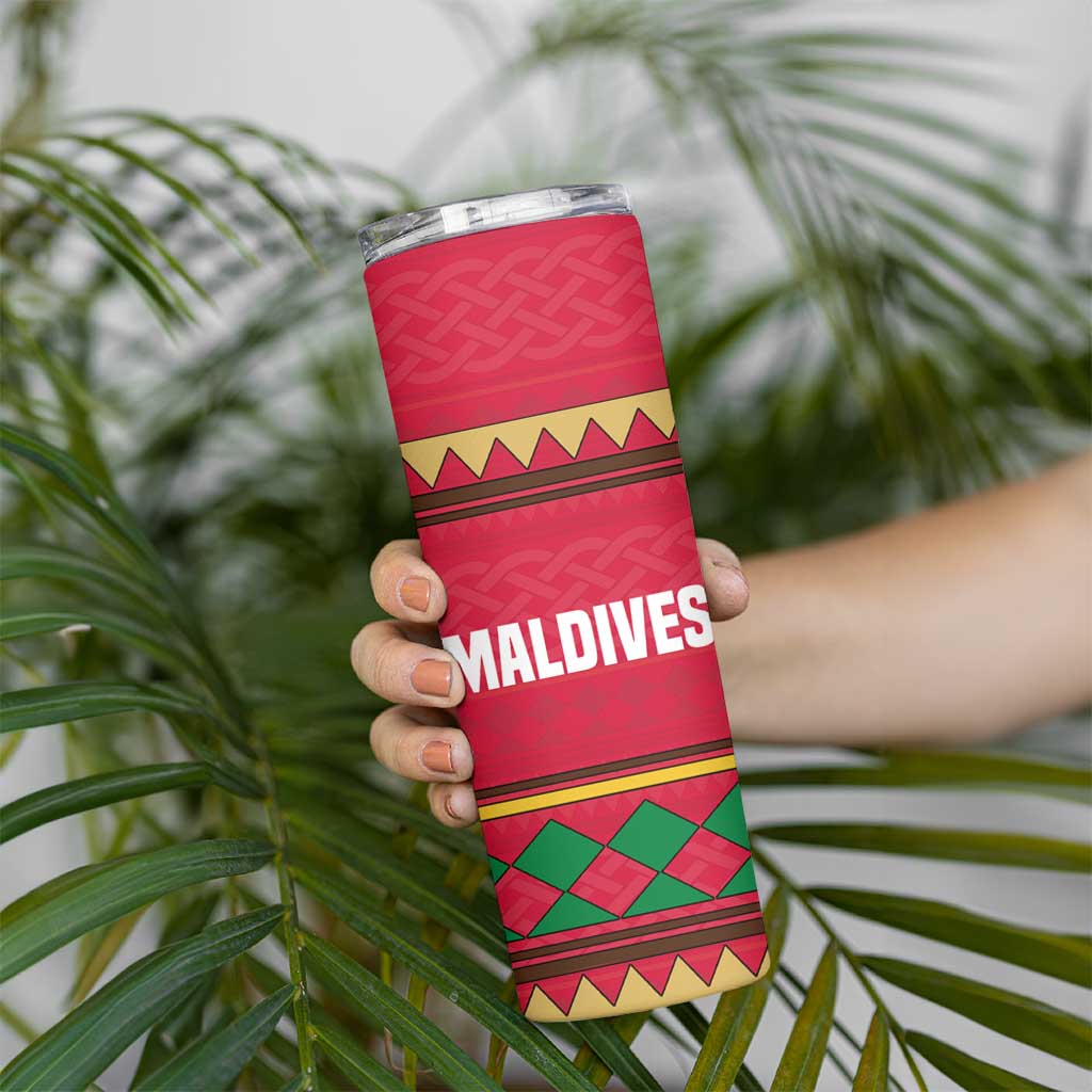Maldives Tribal Heritage Red Skinny Tumbler with Cultural Geometric Pattern and Island Flag Print