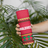 Maldives Tribal Heritage Red Skinny Tumbler with Cultural Geometric Pattern and Island Flag Print