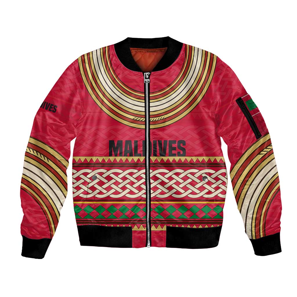 Maldives Tribal Heritage Red Sleeve Zip Bomber Jacket with Cultural Geometric Pattern and Island Flag Print