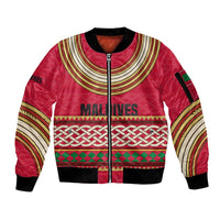 Maldives Tribal Heritage Red Sleeve Zip Bomber Jacket with Cultural Geometric Pattern and Island Flag Print