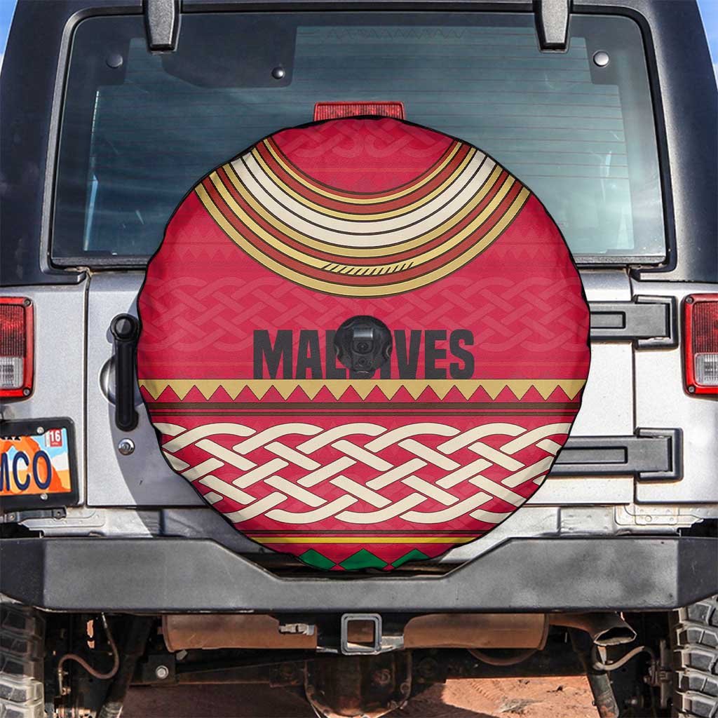 Maldives Tribal Heritage Red Spare Tire Cover with Cultural Geometric Pattern and Island Flag Print