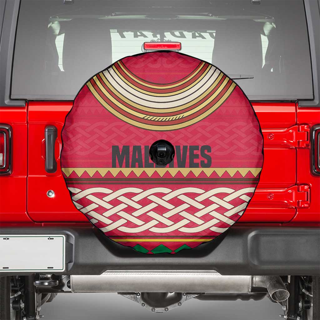 Maldives Tribal Heritage Red Spare Tire Cover with Cultural Geometric Pattern and Island Flag Print