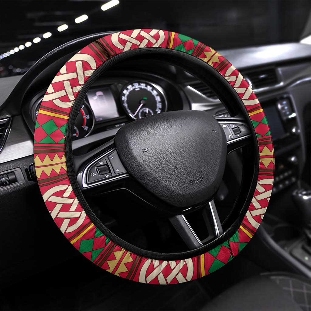 Maldives Tribal Heritage Red Steering Wheel Cover with Cultural Geometric Pattern and Island Flag Print