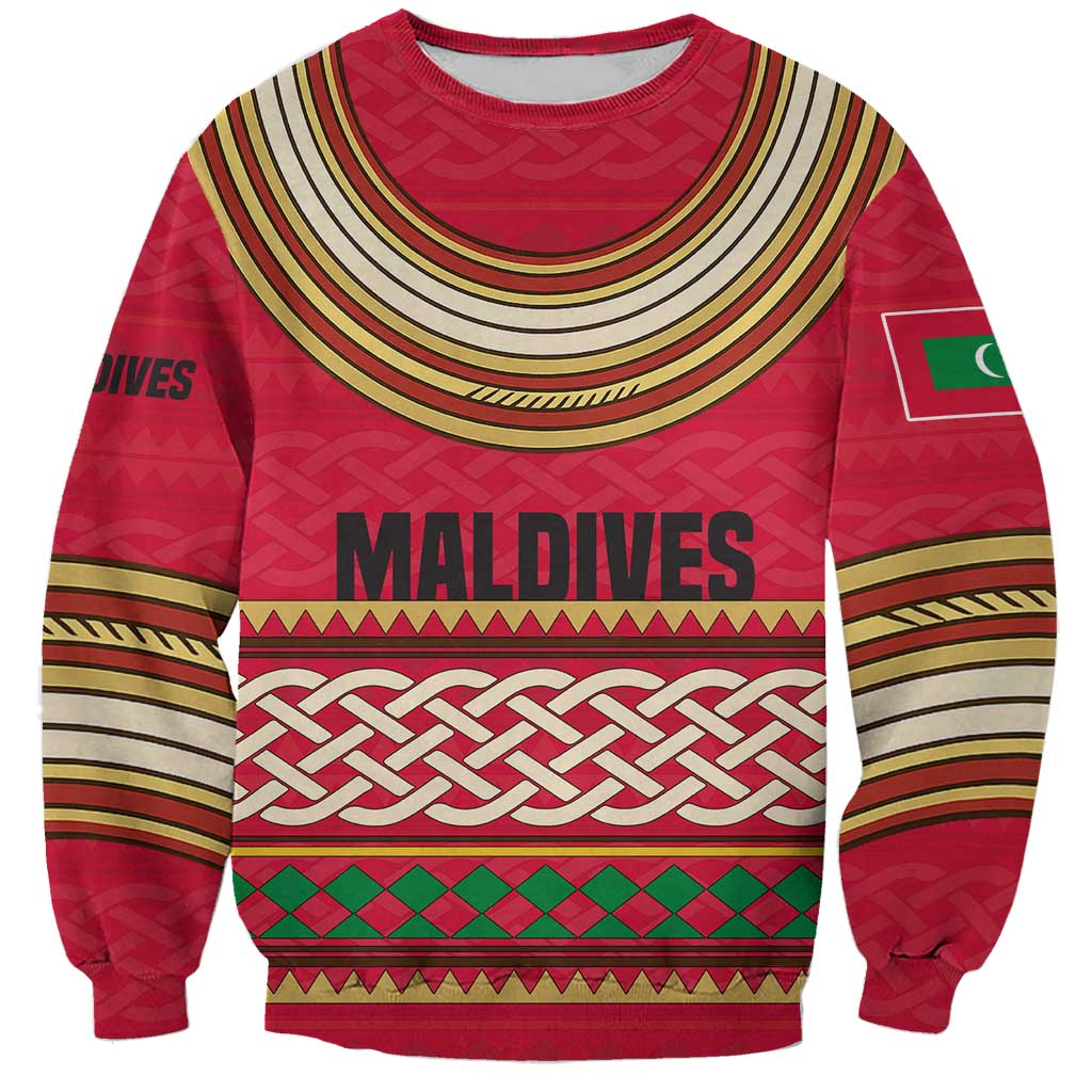 Maldives Tribal Heritage Red Sweatshirt with Cultural Geometric Pattern and Island Flag Print