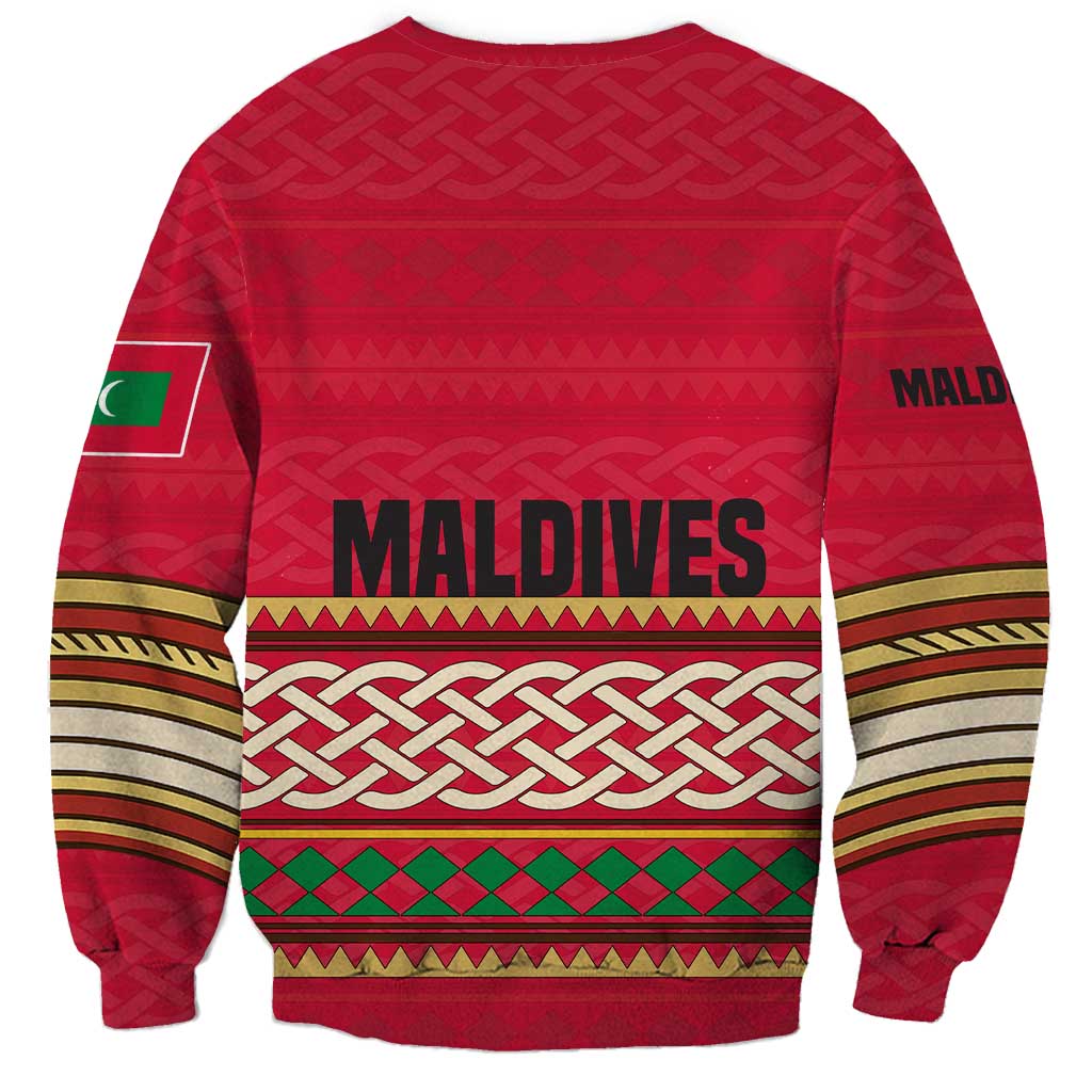 Maldives Tribal Heritage Red Sweatshirt with Cultural Geometric Pattern and Island Flag Print
