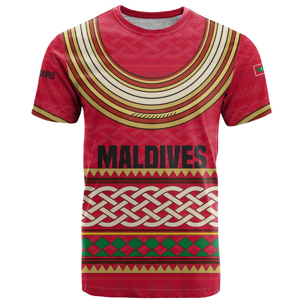 Maldives Tribal Heritage Red T Shirt with Cultural Geometric Pattern and Island Flag Print