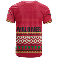 Maldives Tribal Heritage Red T Shirt with Cultural Geometric Pattern and Island Flag Print