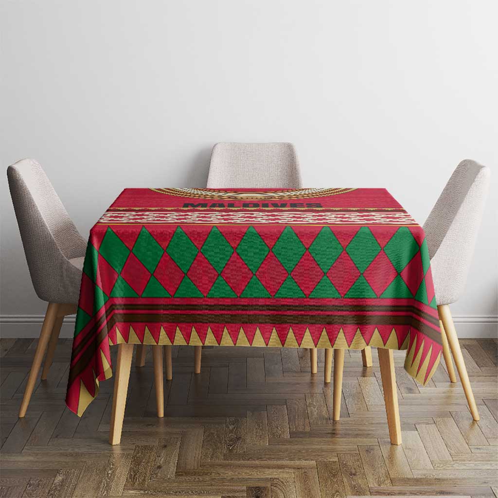 Maldives Tribal Heritage Red Tablecloth with Cultural Geometric Pattern and Island Flag Print