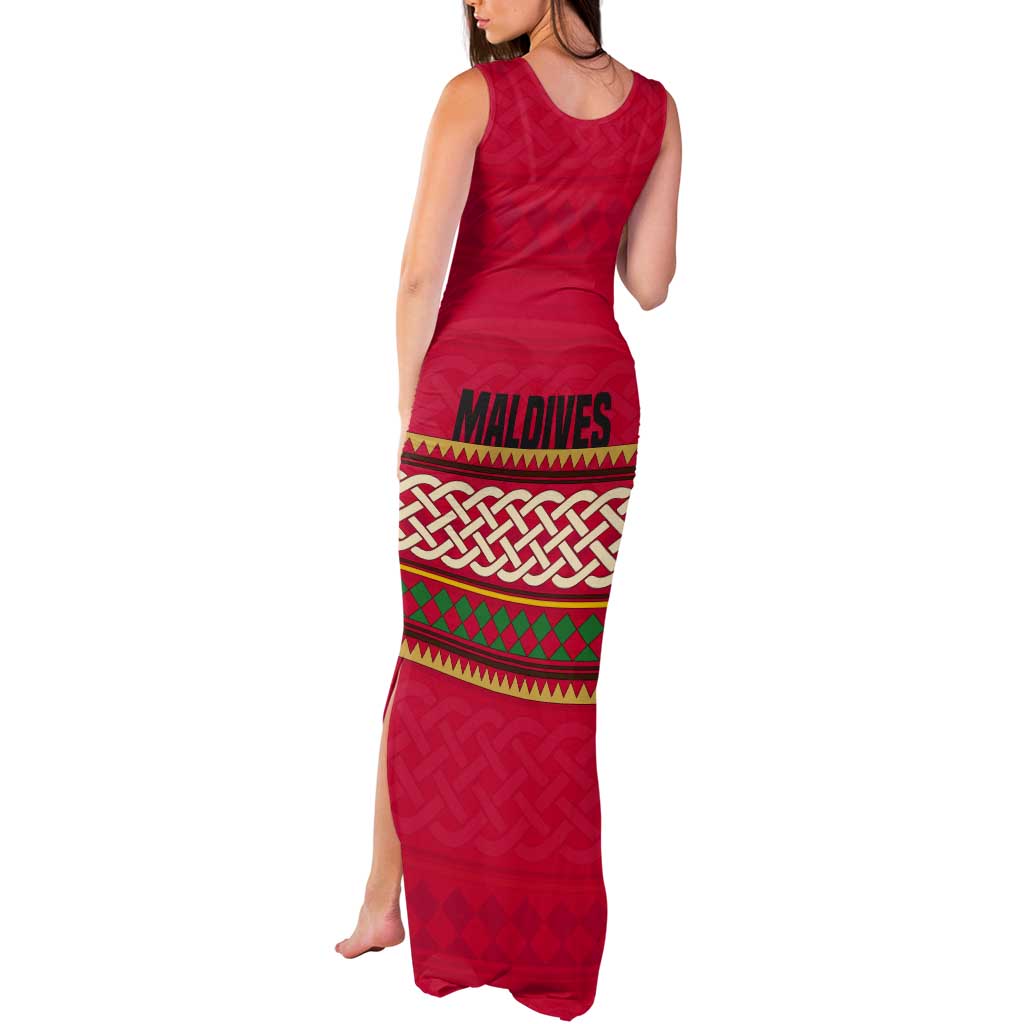 Maldives Tribal Heritage Red Tank Maxi Dress with Cultural Geometric Pattern and Island Flag Print