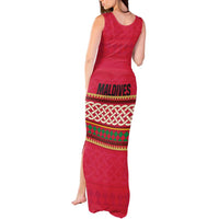 Maldives Tribal Heritage Red Tank Maxi Dress with Cultural Geometric Pattern and Island Flag Print