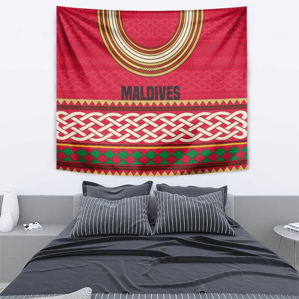 Maldives Tribal Heritage Red Tapestry with Cultural Geometric Pattern and Island Flag Print