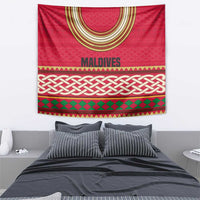 Maldives Tribal Heritage Red Tapestry with Cultural Geometric Pattern and Island Flag Print