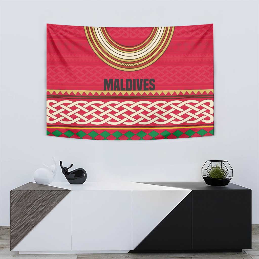 Maldives Tribal Heritage Red Tapestry with Cultural Geometric Pattern and Island Flag Print