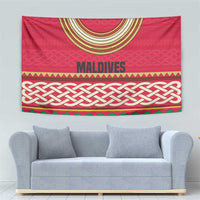 Maldives Tribal Heritage Red Tapestry with Cultural Geometric Pattern and Island Flag Print