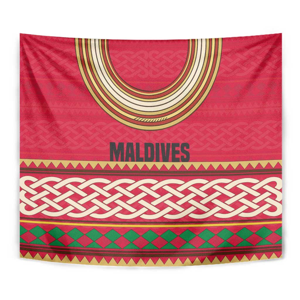 Maldives Tribal Heritage Red Tapestry with Cultural Geometric Pattern and Island Flag Print