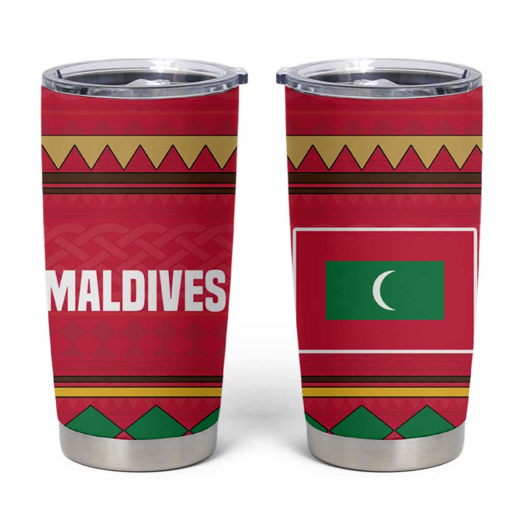 Maldives Tribal Heritage Red Tumbler Cup with Cultural Geometric Pattern and Island Flag Print