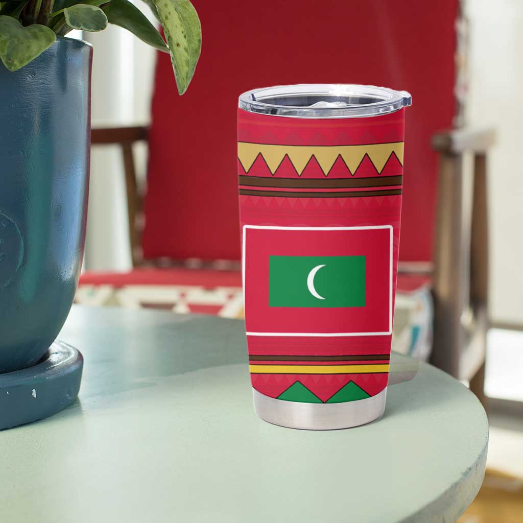 Maldives Tribal Heritage Red Tumbler Cup with Cultural Geometric Pattern and Island Flag Print