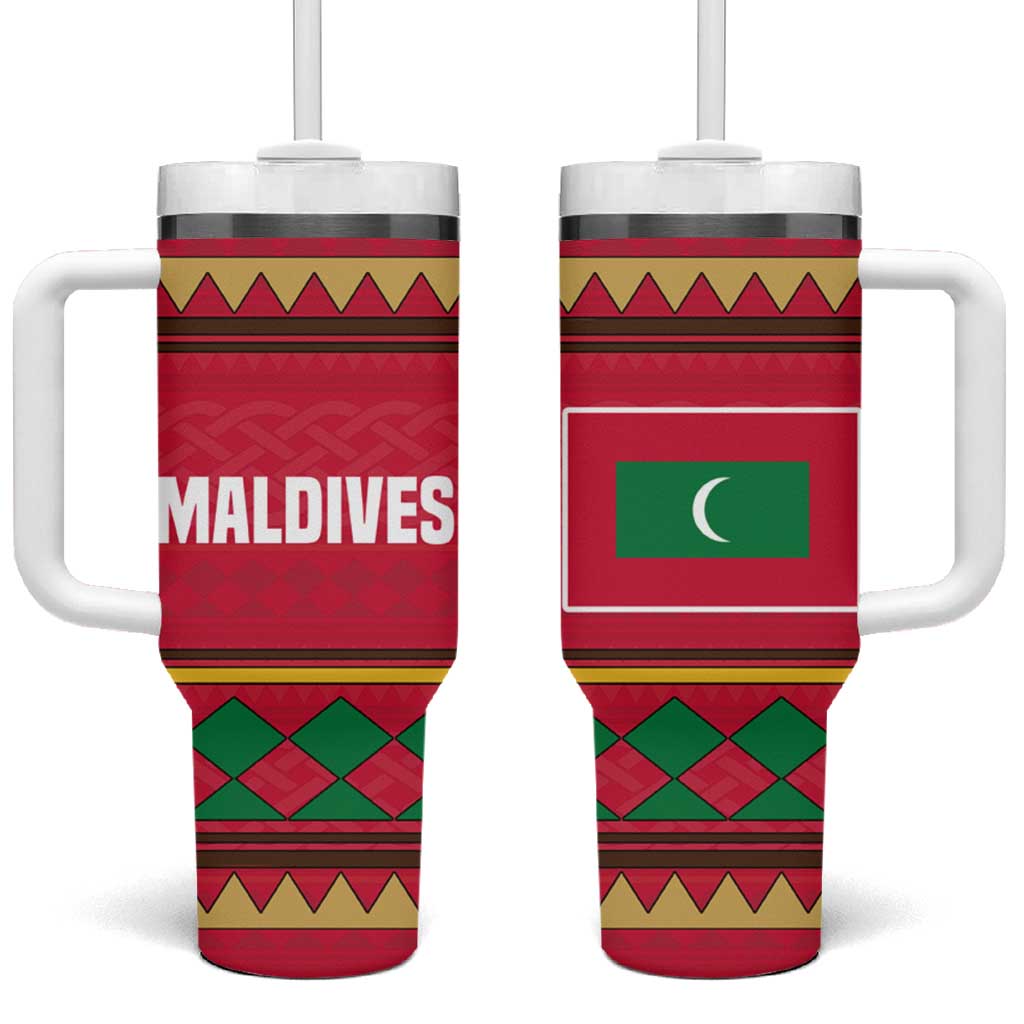 Maldives Tribal Heritage Red Tumbler With Handle with Cultural Geometric Pattern and Island Flag Print