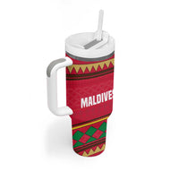 Maldives Tribal Heritage Red Tumbler With Handle with Cultural Geometric Pattern and Island Flag Print