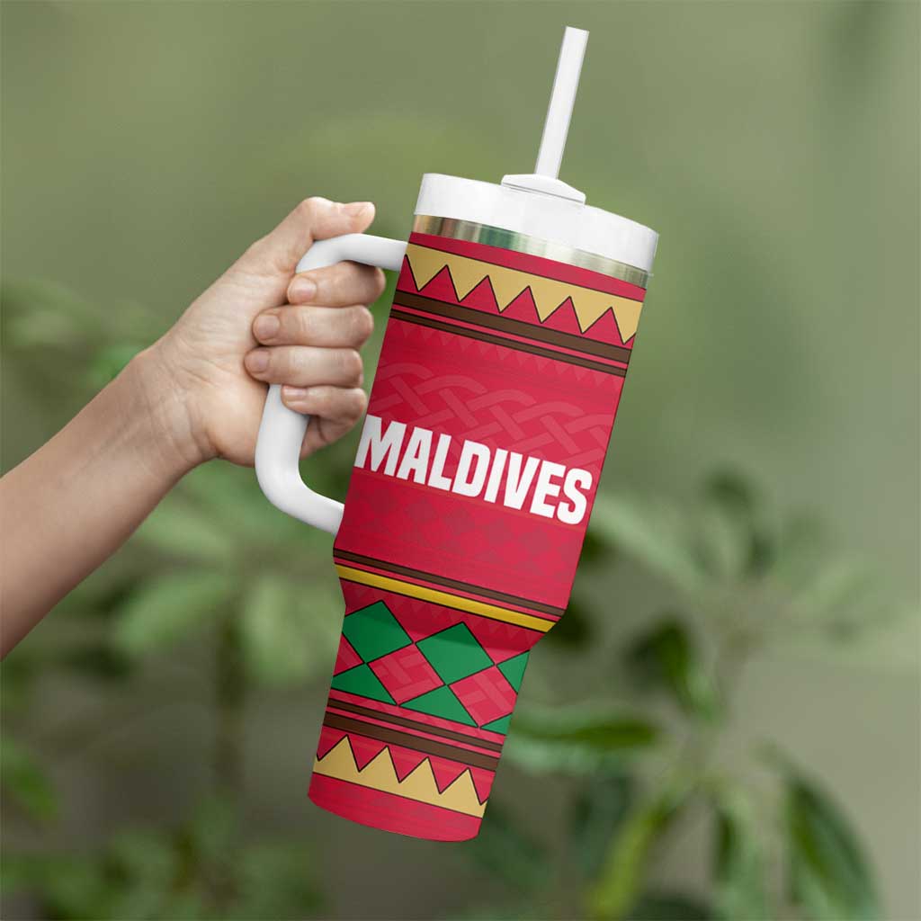 Maldives Tribal Heritage Red Tumbler With Handle with Cultural Geometric Pattern and Island Flag Print