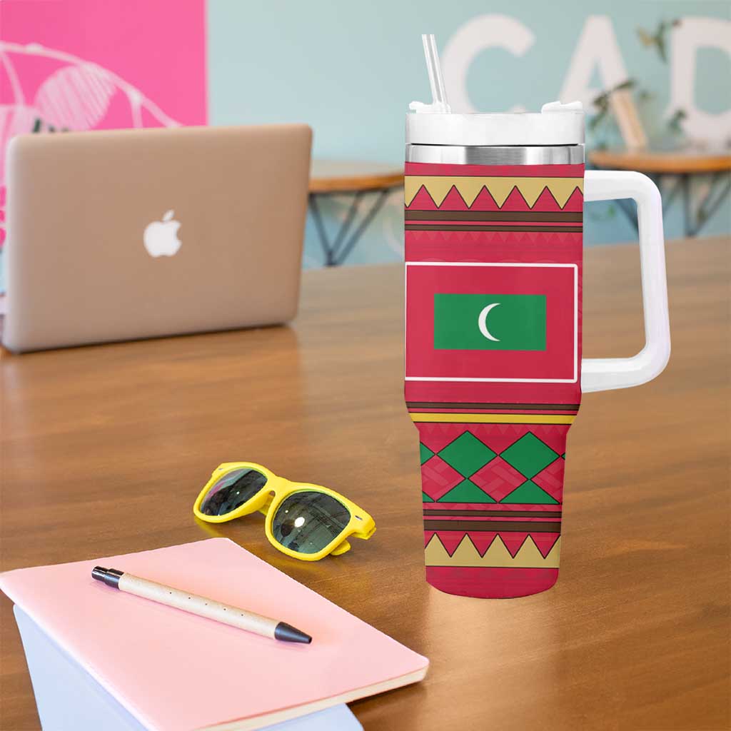 Maldives Tribal Heritage Red Tumbler With Handle with Cultural Geometric Pattern and Island Flag Print
