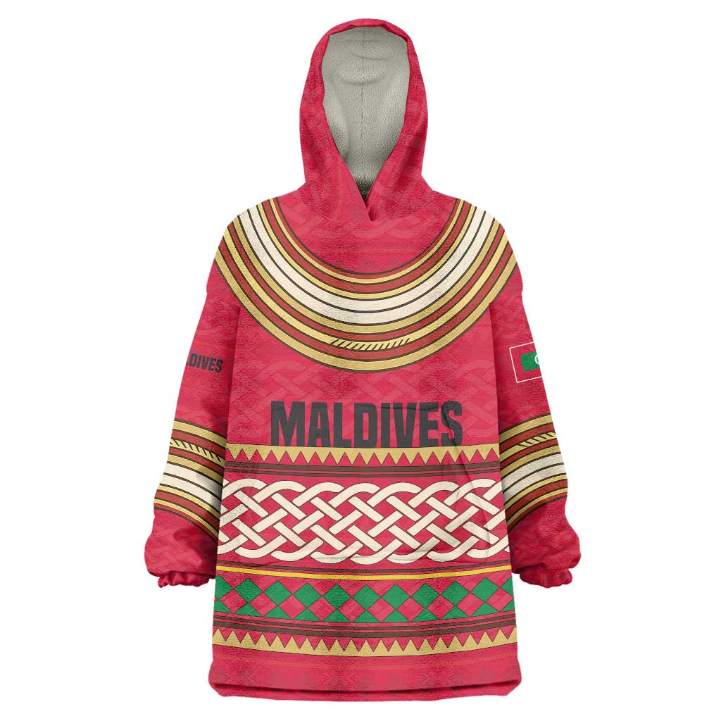 Maldives Tribal Heritage Red Wearable Blanket Hoodie with Cultural Geometric Pattern and Island Flag Print