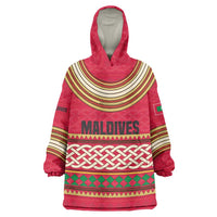 Maldives Tribal Heritage Red Wearable Blanket Hoodie with Cultural Geometric Pattern and Island Flag Print