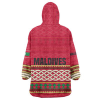 Maldives Tribal Heritage Red Wearable Blanket Hoodie with Cultural Geometric Pattern and Island Flag Print