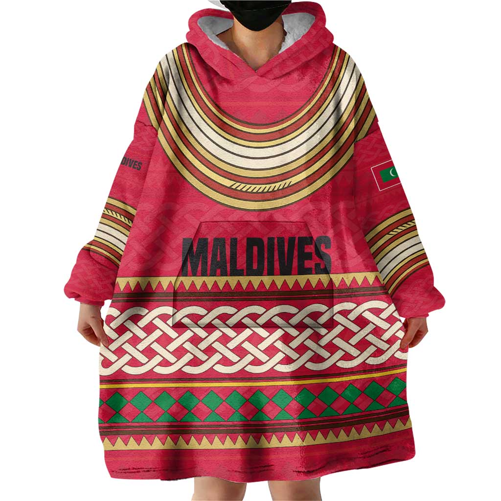 Maldives Tribal Heritage Red Wearable Blanket Hoodie with Cultural Geometric Pattern and Island Flag Print