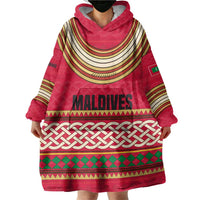 Maldives Tribal Heritage Red Wearable Blanket Hoodie with Cultural Geometric Pattern and Island Flag Print