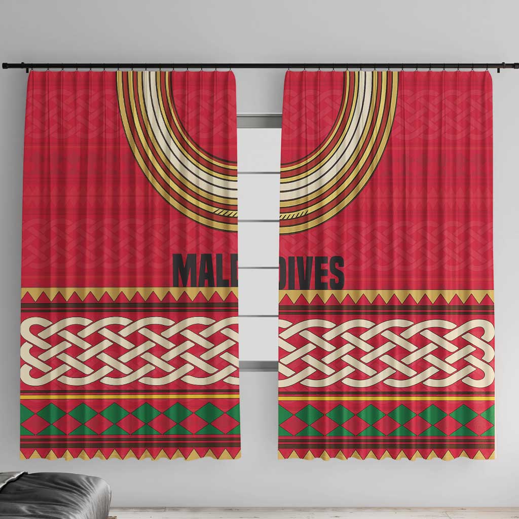 Maldives Tribal Heritage Red Window Curtain with Cultural Geometric Pattern and Island Flag Print