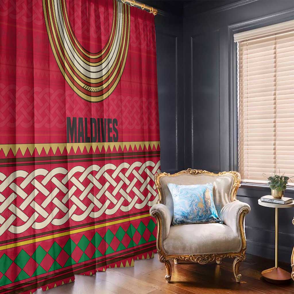 Maldives Tribal Heritage Red Window Curtain with Cultural Geometric Pattern and Island Flag Print