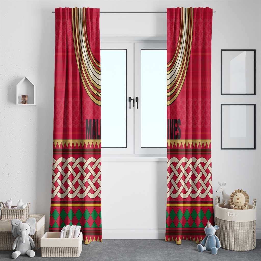 Maldives Tribal Heritage Red Window Curtain with Cultural Geometric Pattern and Island Flag Print