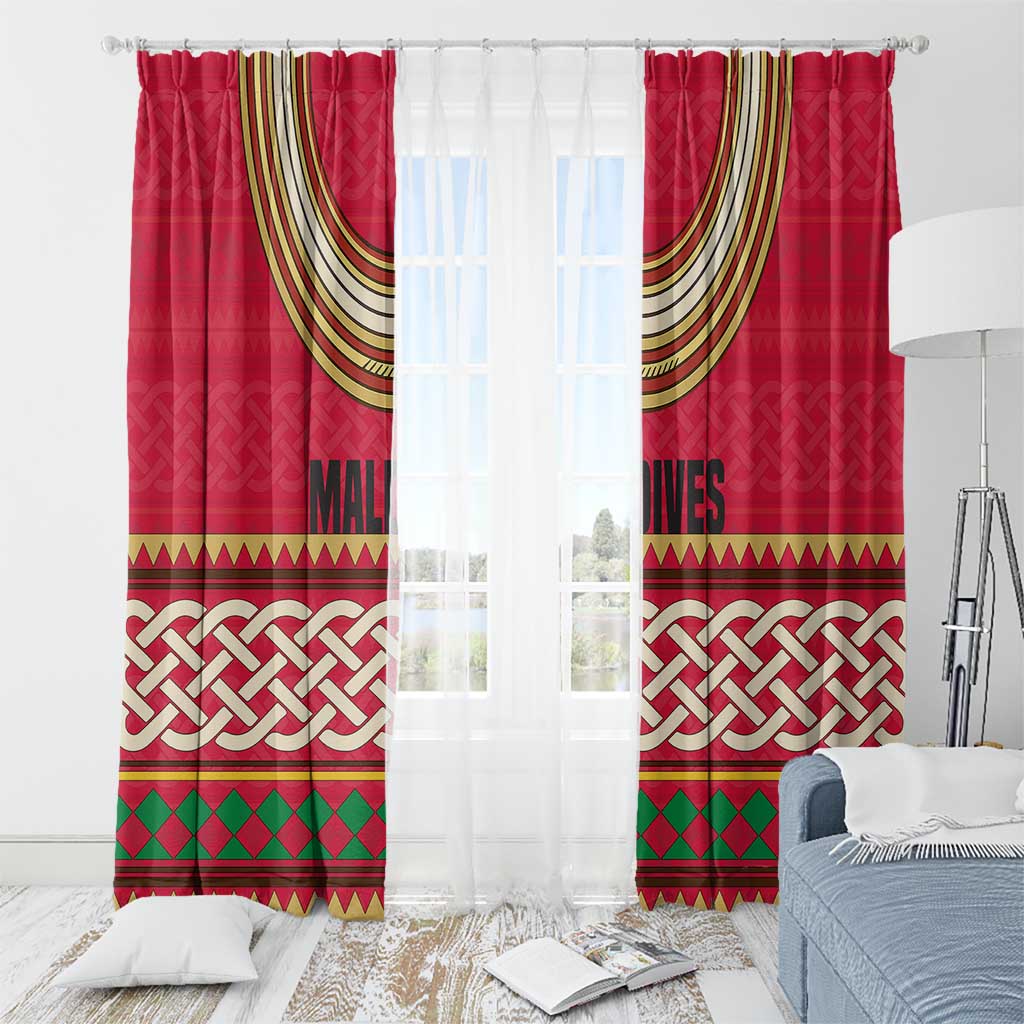 Maldives Tribal Heritage Red Window Curtain with Cultural Geometric Pattern and Island Flag Print