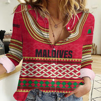 Maldives Tribal Heritage Red Women Casual Shirt with Cultural Geometric Pattern and Island Flag Print