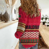 Maldives Tribal Heritage Red Women Casual Shirt with Cultural Geometric Pattern and Island Flag Print