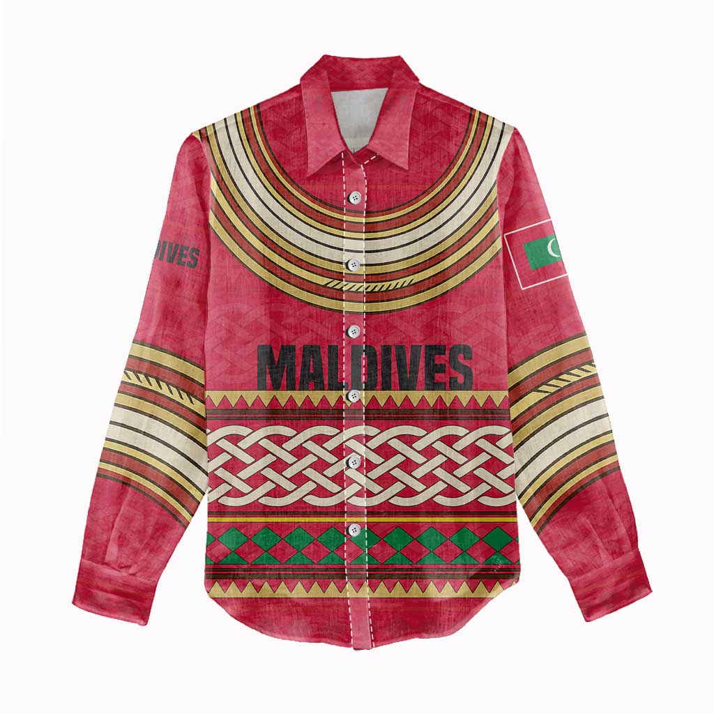 Maldives Tribal Heritage Red Women Casual Shirt with Cultural Geometric Pattern and Island Flag Print