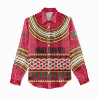 Maldives Tribal Heritage Red Women Casual Shirt with Cultural Geometric Pattern and Island Flag Print