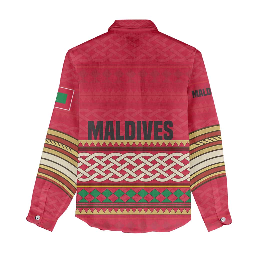 Maldives Tribal Heritage Red Women Casual Shirt with Cultural Geometric Pattern and Island Flag Print