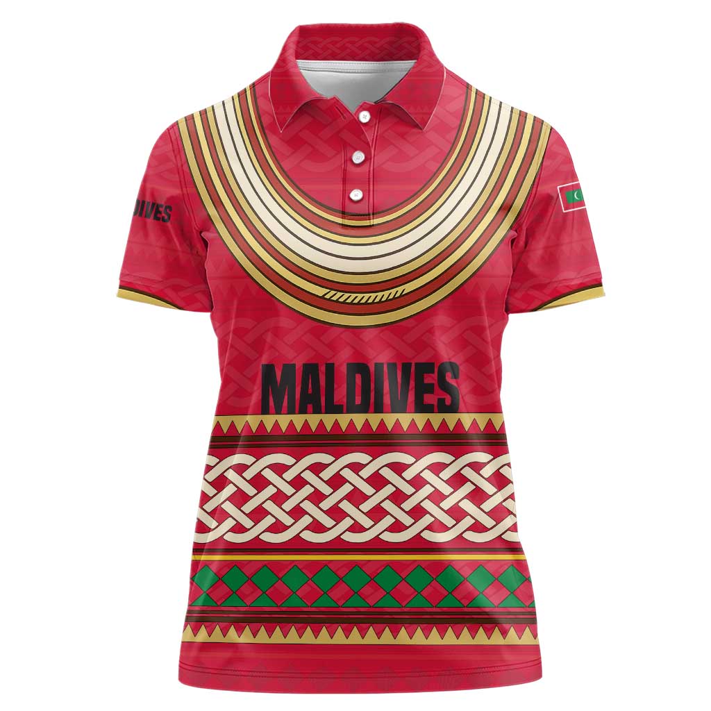 Maldives Tribal Heritage Red Women Polo Shirt with Cultural Geometric Pattern and Island Flag Print