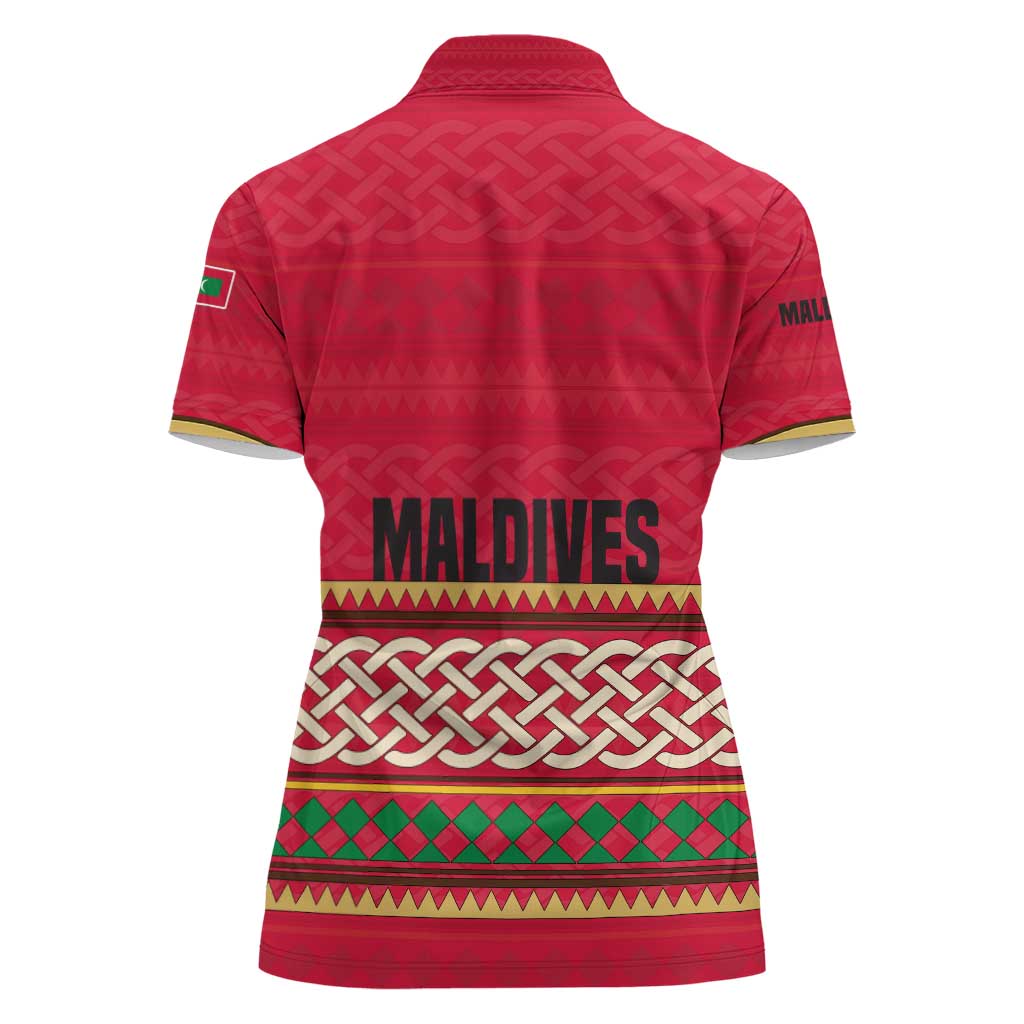 Maldives Tribal Heritage Red Women Polo Shirt with Cultural Geometric Pattern and Island Flag Print