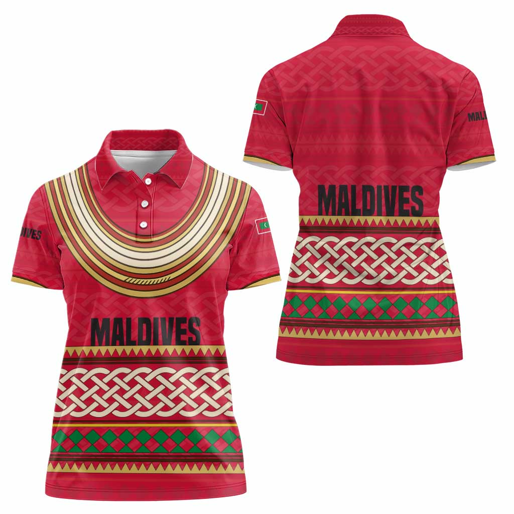 Maldives Tribal Heritage Red Women Polo Shirt with Cultural Geometric Pattern and Island Flag Print