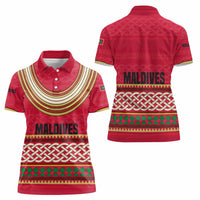 Maldives Tribal Heritage Red Women Polo Shirt with Cultural Geometric Pattern and Island Flag Print