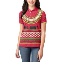 Maldives Tribal Heritage Red Women Polo Shirt with Cultural Geometric Pattern and Island Flag Print